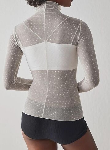 Womens Mesh Sheer Lace Laying Top Mock Neck Long Sleeve Polka Dot See Through Shirt Blouses Tops in Saudi Arabia