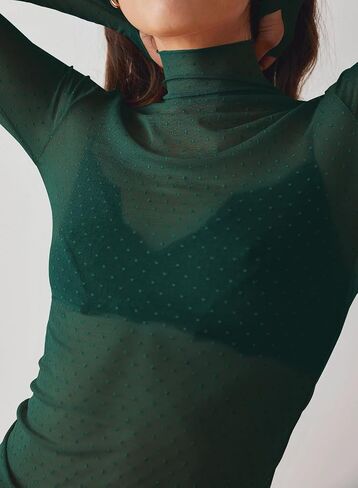 Womens Mesh Sheer Lace Laying Top Mock Neck Long Sleeve Polka Dot See Through Shirt Blouses Tops in Saudi Arabia