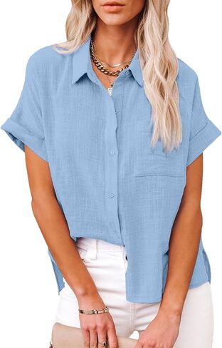 Womens Casual Cotton Linen Button Down Short Sleeve Shirts Solid Summer Beach Blouses Tops with Pocket in Saudi Arabia