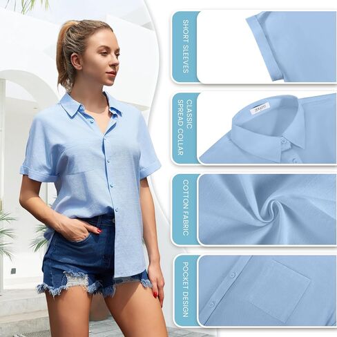 Womens Casual Cotton Linen Button Down Short Sleeve Shirts Solid Summer Beach Blouses Tops with Pocket in Saudi Arabia