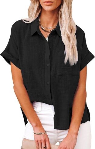 Womens Casual Cotton Linen Button Down Short Sleeve Shirts Solid Summer Beach Blouses Tops with Pocket in Saudi Arabia