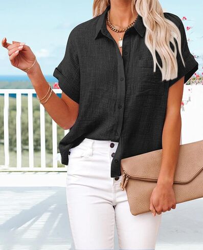 Womens Casual Cotton Linen Button Down Short Sleeve Shirts Solid Summer Beach Blouses Tops with Pocket in Saudi Arabia