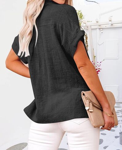 Womens Casual Cotton Linen Button Down Short Sleeve Shirts Solid Summer Beach Blouses Tops with Pocket in Saudi Arabia