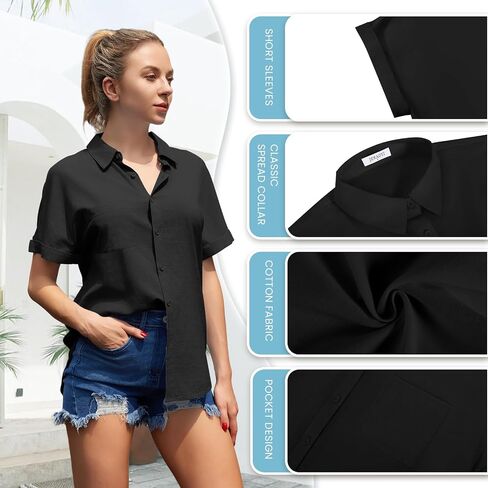 Womens Casual Cotton Linen Button Down Short Sleeve Shirts Solid Summer Beach Blouses Tops with Pocket in Saudi Arabia