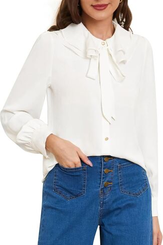 Belle Poque Women's Bow Tie Neck Ruffle Tops Long Sleeve Business Casual Tops Vintage Victorian Blouse Tops in Saudi Arabia