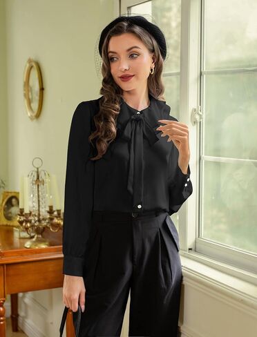 Belle Poque Women's Bow Tie Neck Ruffle Tops Long Sleeve Business Casual Tops Vintage Victorian Blouse Tops in Saudi Arabia