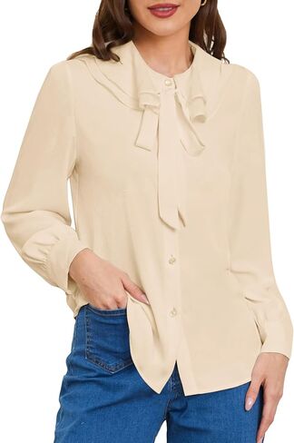 Belle Poque المرأة ربطة القوس فيونكة الرقبة الكشكشة القمم كم طويل الأعمال بلايز عادية خمر الفيكتوري بلوزة بلايز in Kuwait