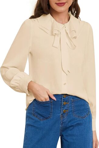 Belle Poque المرأة ربطة القوس فيونكة الرقبة الكشكشة القمم كم طويل الأعمال بلايز عادية خمر الفيكتوري بلوزة بلايز in Kuwait