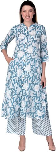 ladyline Womens Cotton Kurta Palazzo Pants Set Printed Tunic Kurti Dress | 2-Pcs Co-Ord Set in Kuwait