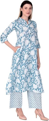 ladyline Womens Cotton Kurta Palazzo Pants Set Printed Tunic Kurti Dress | 2-Pcs Co-Ord Set in Kuwait