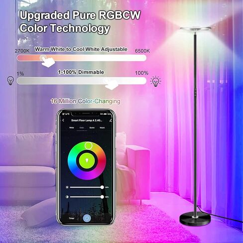 Upgraded 30W Smart Floor Lamp Compatible with Alexa, 2 in 1 Color Changing RGB and White Light LED Lamp, Double Side Lighting Dimmable Modern Tall Stand Lamp for Living Room Bedroom Office in Saudi Arabia