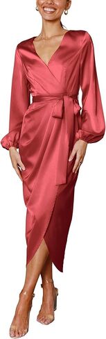 Cosonsen Women's Long Sleeve V-Neck Tie Waist Split Formal Cocktail Wedding Guest Dresses in Saudi Arabia