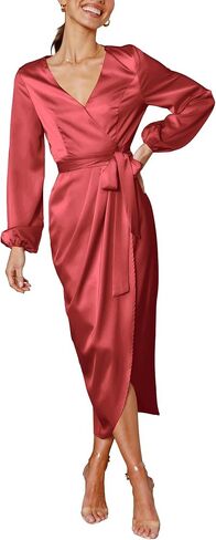 Cosonsen Women's Long Sleeve V-Neck Tie Waist Split Formal Cocktail Wedding Guest Dresses in Saudi Arabia