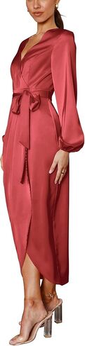 Cosonsen Women's Long Sleeve V-Neck Tie Waist Split Formal Cocktail Wedding Guest Dresses in Saudi Arabia