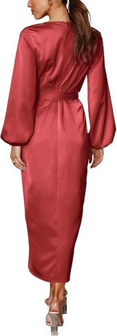 Cosonsen Women's Long Sleeve V-Neck Tie Waist Split Formal Cocktail Wedding Guest Dresses in Saudi Arabia