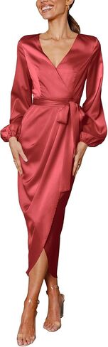 Cosonsen Women's Long Sleeve V-Neck Tie Waist Split Formal Cocktail Wedding Guest Dresses in Saudi Arabia
