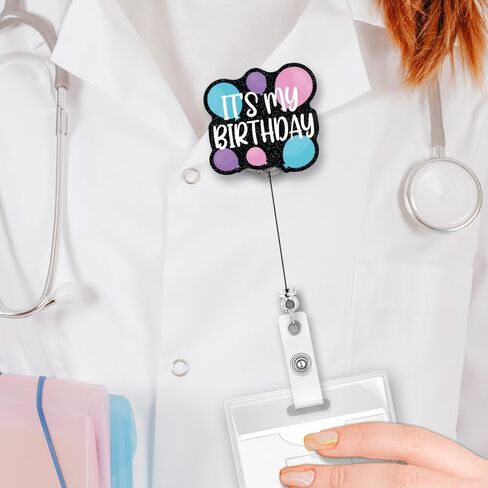 ERHACHAIJIA It's My Birthday Retractable Black Glitter Badge Reel with Alligator Clip, Funny Colorful Balloons ID Card Badge Holder Gift for Nurses Doctors RN EN L&D OB NICU Nurse OBGYN in Saudi Arabia