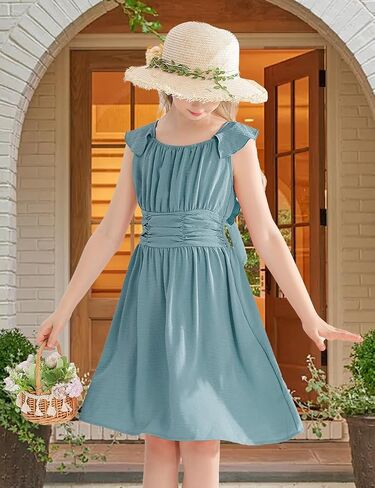 Girls' Dresses Tie Back Casual Elegant Ruffled Sleeve A-line Sundress Tween Girls Dresses 6-14 Years in Saudi Arabia