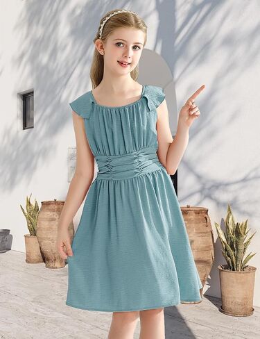 Girls' Dresses Tie Back Casual Elegant Ruffled Sleeve A-line Sundress Tween Girls Dresses 6-14 Years in Saudi Arabia