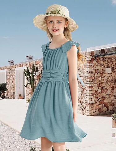 Girls' Dresses Tie Back Casual Elegant Ruffled Sleeve A-line Sundress Tween Girls Dresses 6-14 Years in Saudi Arabia