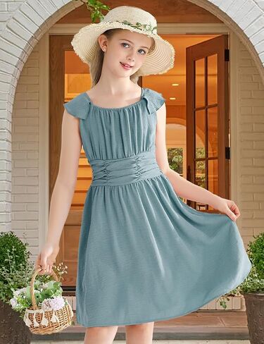Girls' Dresses Tie Back Casual Elegant Ruffled Sleeve A-line Sundress Tween Girls Dresses 6-14 Years in Saudi Arabia