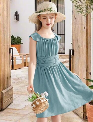 Girls' Dresses Tie Back Casual Elegant Ruffled Sleeve A-line Sundress Tween Girls Dresses 6-14 Years in Saudi Arabia