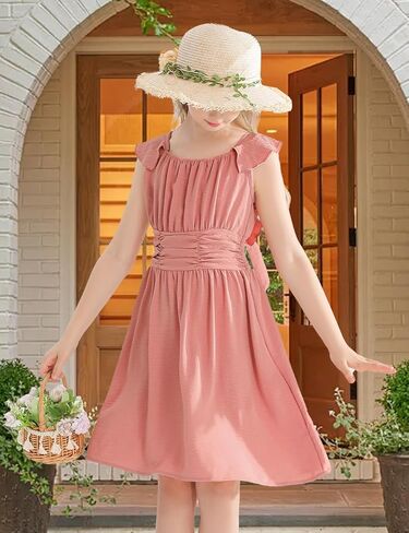 فساتين للفتيات برباط خلفي كاجوال أنيق وأكمام مكشكشة فستان صيفي على شكل حرف a فساتين للفتيات من سن 6 إلى 14 سنة in Kuwait