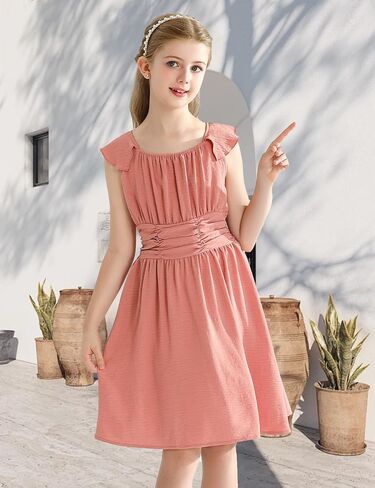 فساتين للفتيات برباط خلفي كاجوال أنيق وأكمام مكشكشة فستان صيفي على شكل حرف a فساتين للفتيات من سن 6 إلى 14 سنة in Kuwait