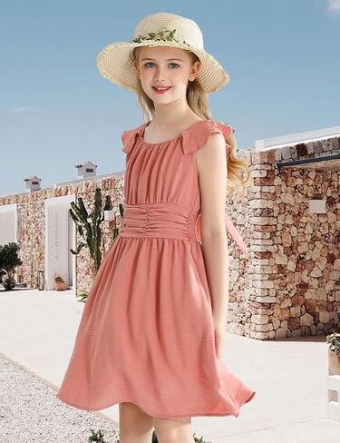 فساتين للفتيات برباط خلفي كاجوال أنيق وأكمام مكشكشة فستان صيفي على شكل حرف a فساتين للفتيات من سن 6 إلى 14 سنة in Kuwait