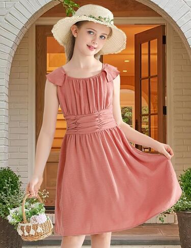 فساتين للفتيات برباط خلفي كاجوال أنيق وأكمام مكشكشة فستان صيفي على شكل حرف a فساتين للفتيات من سن 6 إلى 14 سنة in Kuwait