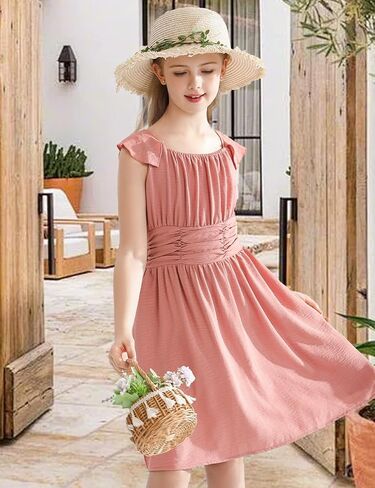 فساتين للفتيات برباط خلفي كاجوال أنيق وأكمام مكشكشة فستان صيفي على شكل حرف a فساتين للفتيات من سن 6 إلى 14 سنة in Kuwait