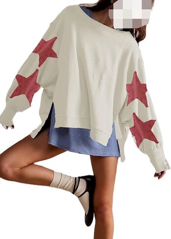 Womens Oversized Crewneck Sweatshirt Y2k Striped Star Long Sleeve Side Slit Pullover Sweatshirt Teen Girl Aesthetic in Kuwait