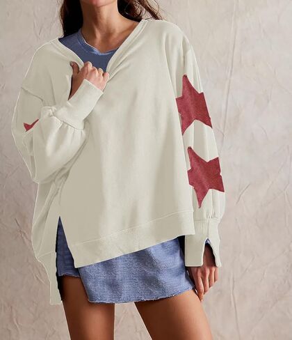 Womens Oversized Crewneck Sweatshirt Y2k Striped Star Long Sleeve Side Slit Pullover Sweatshirt Teen Girl Aesthetic in Kuwait