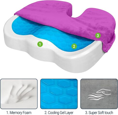 Gel Seat Cushion – Office Chair Cushion – Non-Slip Gel Memory Foam Coccyx Cushion for Tailbone Pain - Desk Chair Car Seat Cushion Driving - Sciatica Back Pain Relief, Velvet, Purple in Saudi Arabia