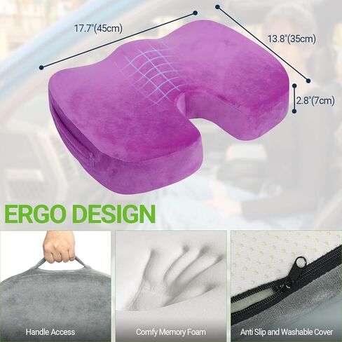 Gel Seat Cushion – Office Chair Cushion – Non-Slip Gel Memory Foam Coccyx Cushion for Tailbone Pain - Desk Chair Car Seat Cushion Driving - Sciatica Back Pain Relief, Velvet, Purple in Saudi Arabia