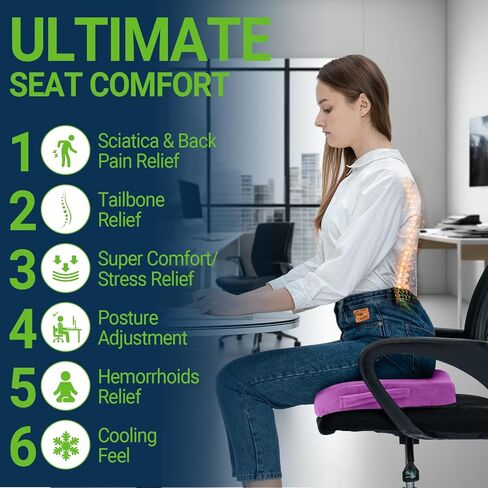 Gel Seat Cushion – Office Chair Cushion – Non-Slip Gel Memory Foam Coccyx Cushion for Tailbone Pain - Desk Chair Car Seat Cushion Driving - Sciatica Back Pain Relief, Velvet, Purple in Saudi Arabia
