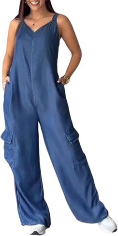 بدلة قفز نسائية من قماش الدنيم من utcoco كاجوال برقبة على شكل حرف V وأشرطة قابلة للتعديل وبنطلون واسع الساق من قماش التويل تشينو (كبير، أزرق دينم) in Kuwait