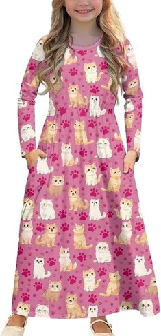 Girls Long Dress Long-Sleeve Swing Ruffle A-Line Dress with Pockets 5-14Y in Saudi Arabia