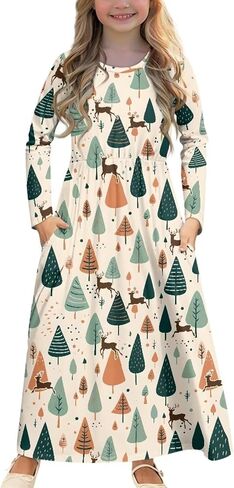 Girls Long Dress Long-Sleeve Swing Ruffle A-Line Dress with Pockets 5-14Y in Saudi Arabia