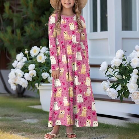 Girls Long Dress Long-Sleeve Swing Ruffle A-Line Dress with Pockets 5-14Y in Saudi Arabia