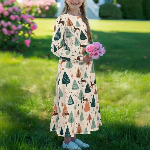 Girls Long Dress Long-Sleeve Swing Ruffle A-Line Dress with Pockets 5-14Y in Saudi Arabia
