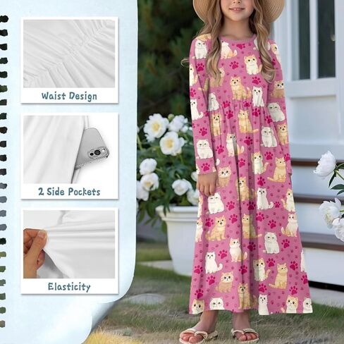 Girls Long Dress Long-Sleeve Swing Ruffle A-Line Dress with Pockets 5-14Y in Saudi Arabia