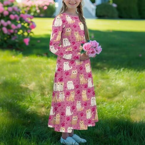 Girls Long Dress Long-Sleeve Swing Ruffle A-Line Dress with Pockets 5-14Y in Saudi Arabia