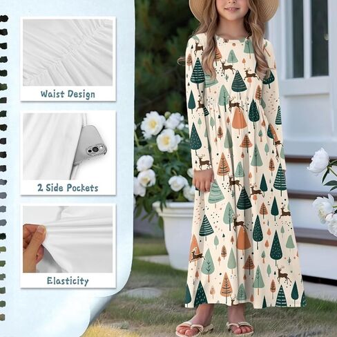 Girls Long Dress Long-Sleeve Swing Ruffle A-Line Dress with Pockets 5-14Y in Saudi Arabia