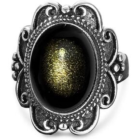 Natural Black Obsidian Stone Vintage Flowers Ring for Women,S925 Sterling Silver Naturally Obsidian Bohemian Statement Gemstone Ring Jewelry