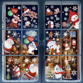 Naler 80pcs Christmas Window Clings, Christmas Decoration 9 Sheets Xmas Removable Electrostatic Window Sticker, Santa Christmas Trees Snowman Snowflake for Xmas Party Decorations