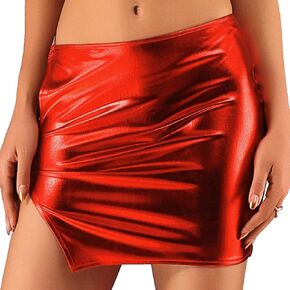 DRESBE Sexy Metallic Slit Mini Skirt Elastic Ruched Bodycon Short Skirts Party Clubwear for Women