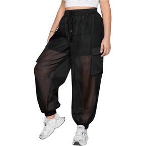 Verdusa Women's Plus Size Elastic Waist Sheer Mesh Cargo Jogger Pants with Pockets