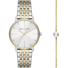 A｜X Armani Exchange Women's Silver and Gold Two-Tone Stainless Steel Bracelet Watch and Gold Bracelet Gift Set (Model: AX7156SET)