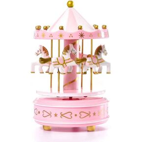 Merry Go Round Carousel Music Box, Rotating Horse Luxury Pink Childhood Musical Box, Girls Kids Granddaughters Toys Gift for Christmas Birthday (Pink & Blue)